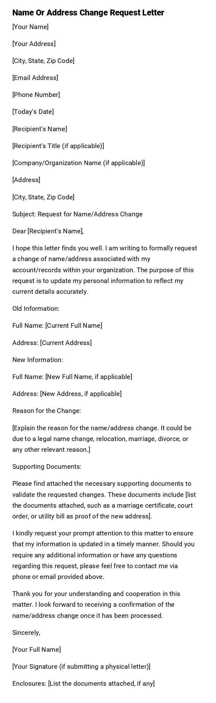 Name Or Address Change Request Letter