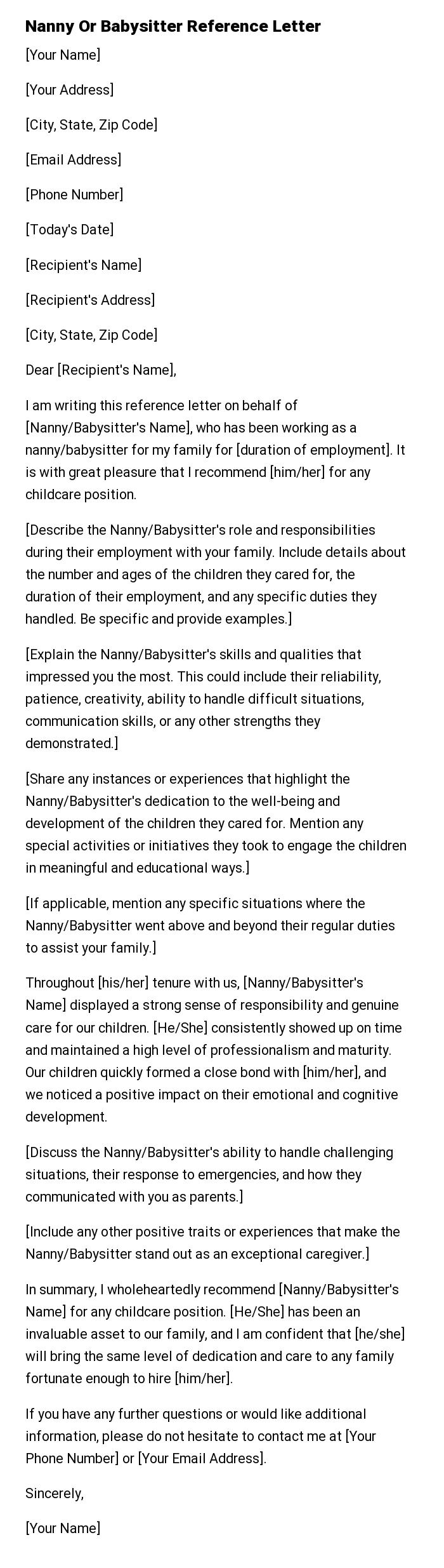 Nanny Or Babysitter Reference Letter