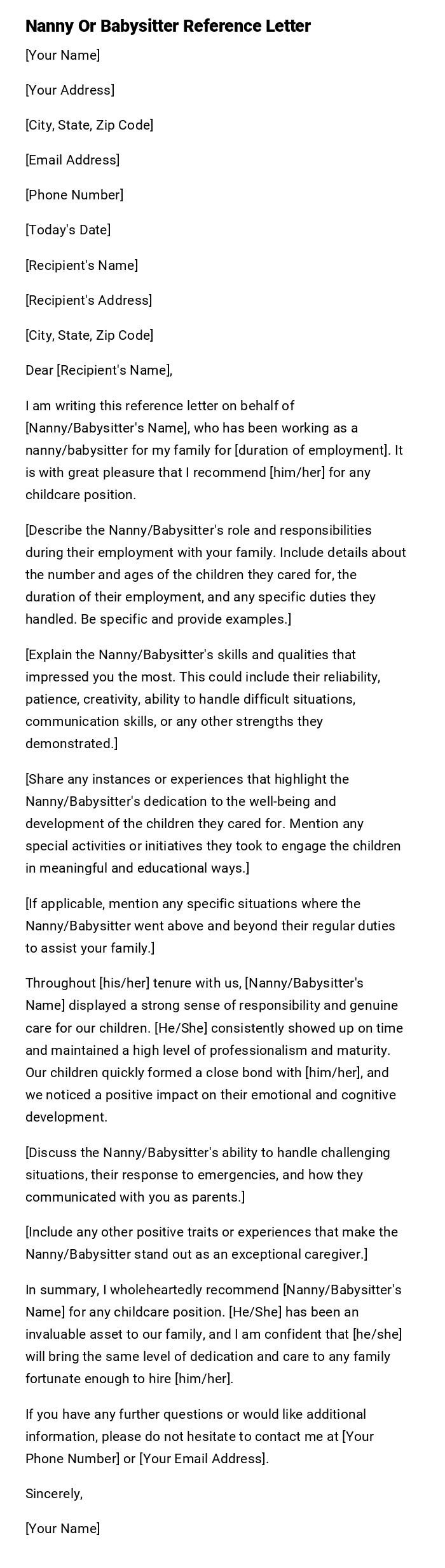 Nanny Or Babysitter Reference Letter