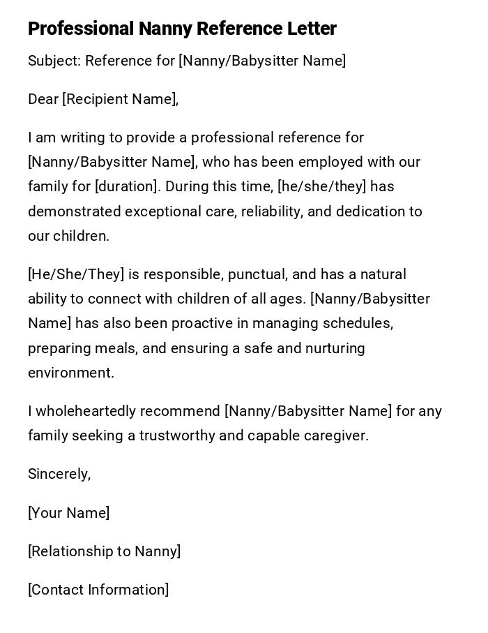 Professional Nanny Reference Letter