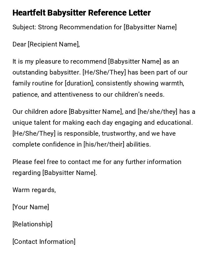 Heartfelt Babysitter Reference Letter