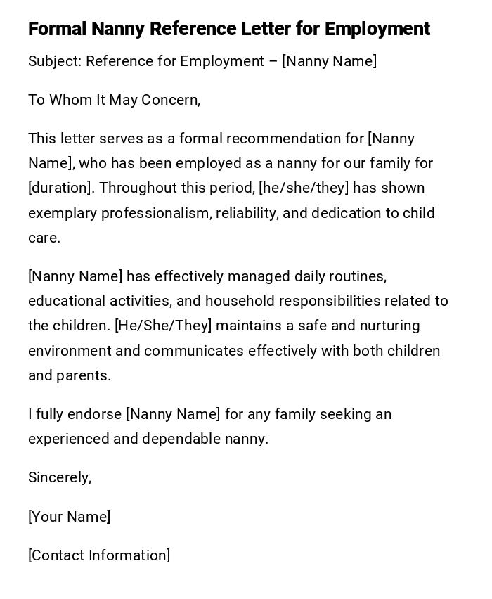 Formal Nanny Reference Letter for Employment