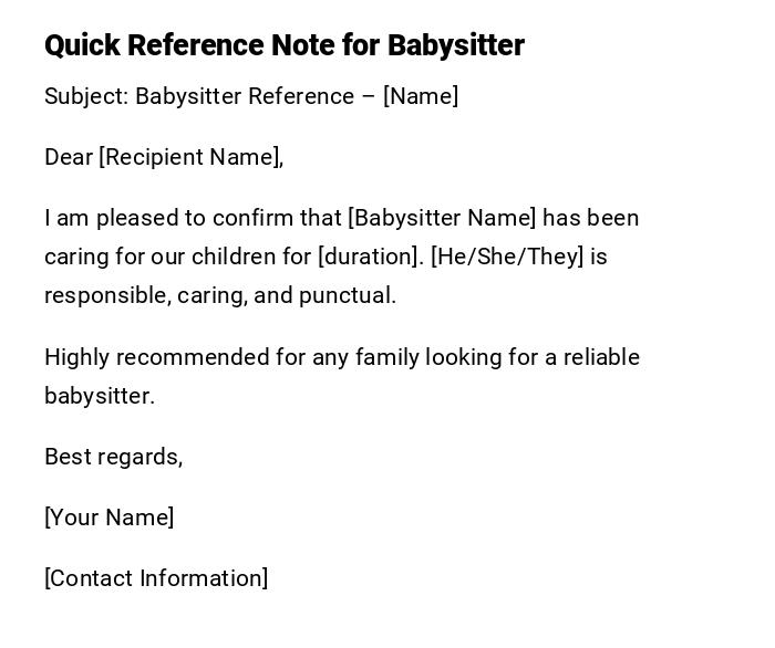 Quick Reference Note for Babysitter