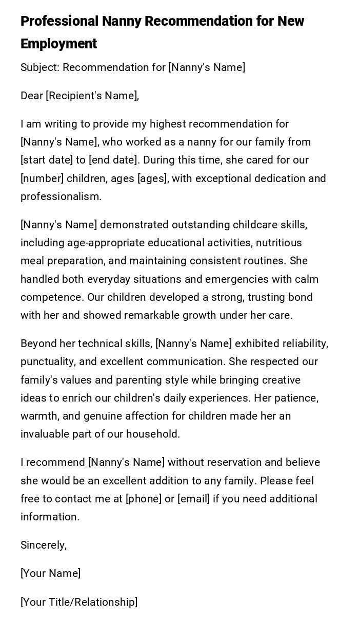 Professional Nanny Recommendation for New Employment Professional Nanny Recommendation for New Employment