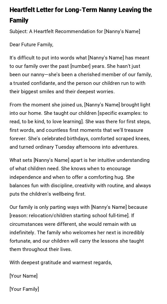 Heartfelt Letter for Long-Term Nanny Leaving the Family Heartfelt Letter for Long-Term Nanny Leaving the Family