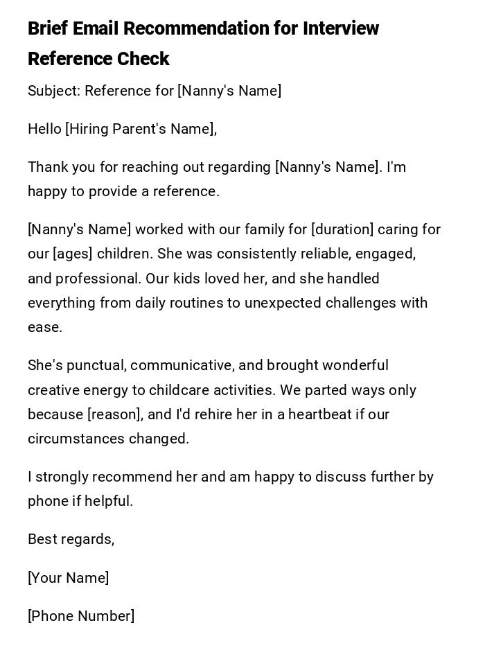 Brief Email Recommendation for Interview Reference Check Brief Email Recommendation for Interview Reference Check