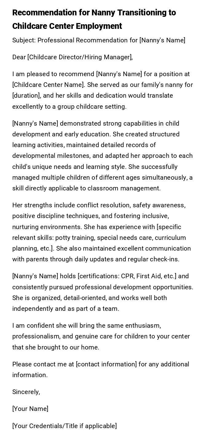 Recommendation for Nanny Transitioning to Childcare Center Employment Recommendation for Nanny Transitioning to Childcare Center Employment