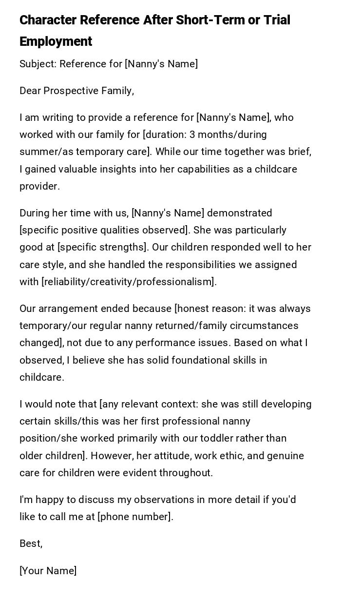 Character Reference After Short-Term or Trial Employment Character Reference After Short-Term or Trial Employment