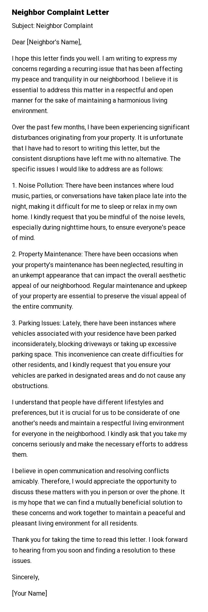 Neighbor Complaint Letter
