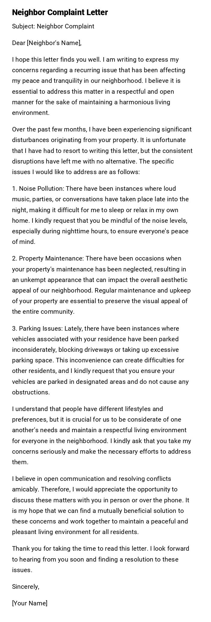 Neighbor Complaint Letter