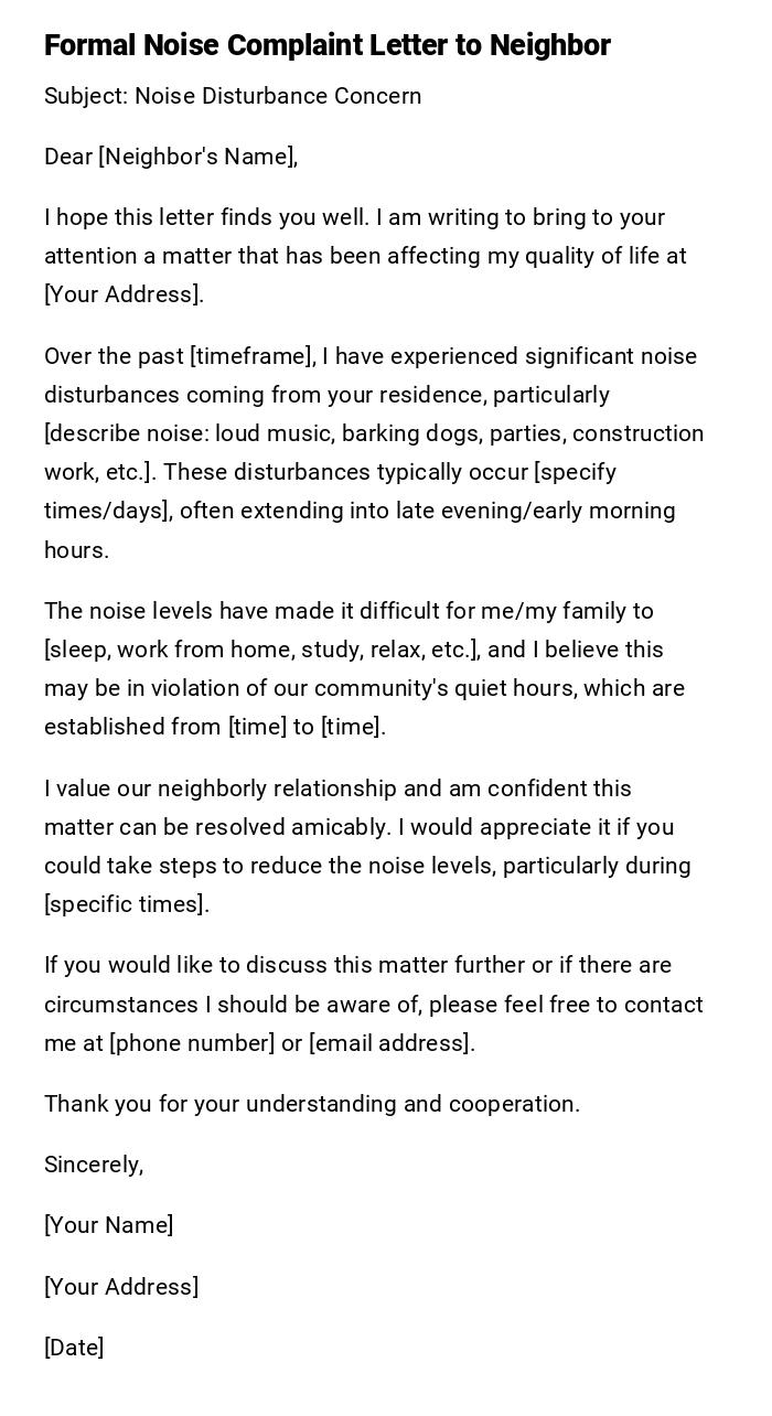 Formal Noise Complaint Letter to Neighbor Formal Noise Complaint Letter to Neighbor
