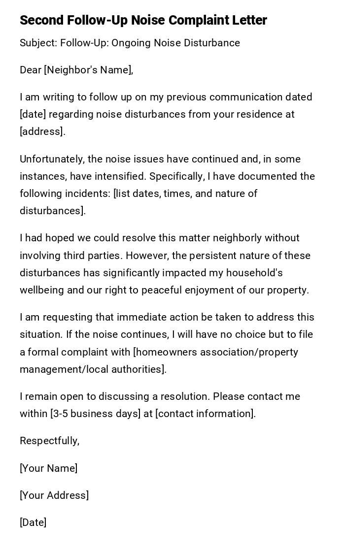 Second Follow-Up Noise Complaint Letter Second Follow-Up Noise Complaint Letter