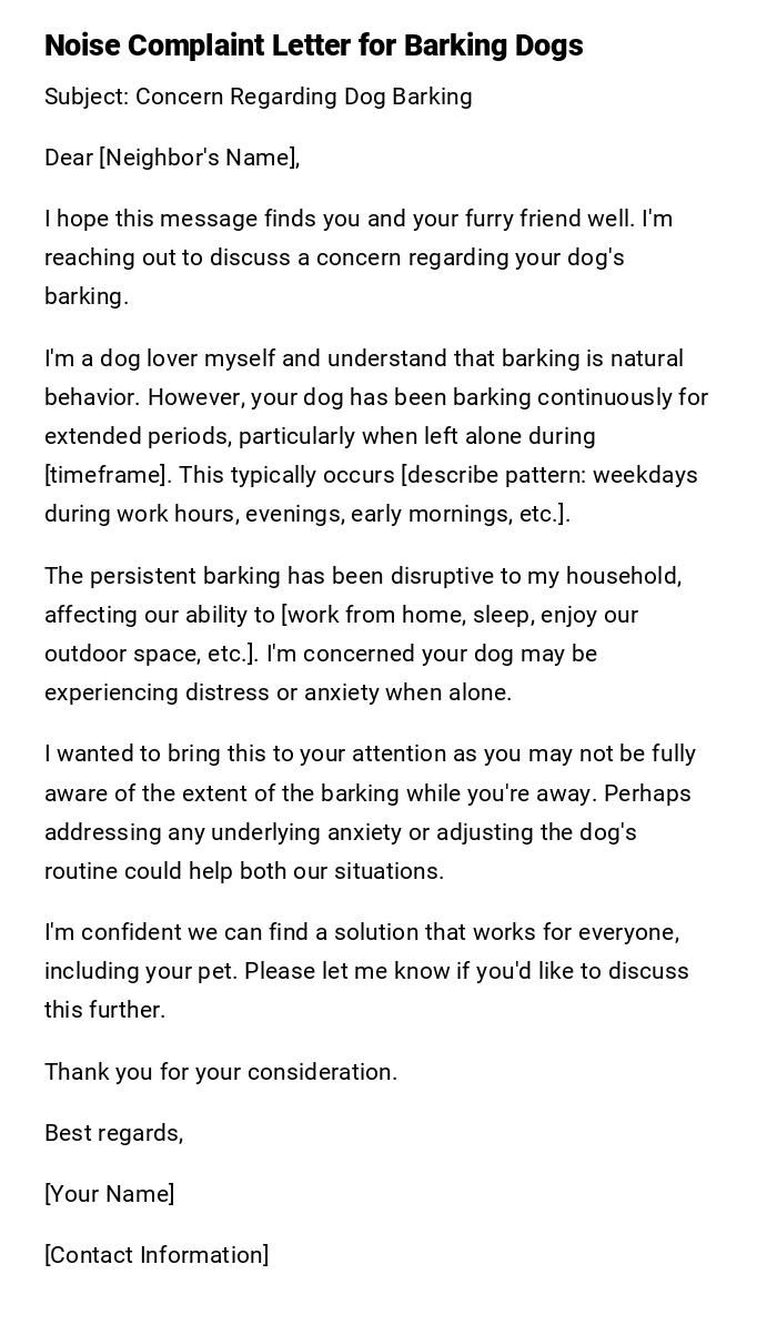 Noise Complaint Letter for Barking Dogs Noise Complaint Letter for Barking Dogs