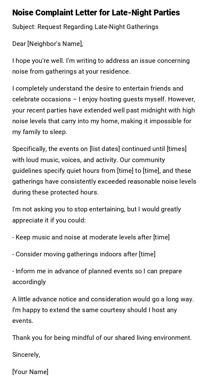 Noise Complaint Letter for Late-Night Parties Noise Complaint Letter for Late-Night Parties