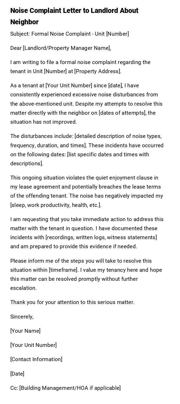 Noise Complaint Letter to Landlord About Neighbor Noise Complaint Letter to Landlord About Neighbor