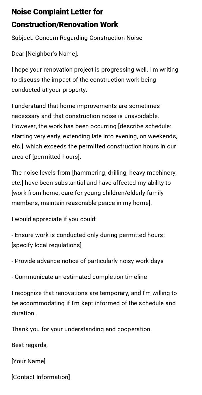 Noise Complaint Letter for Construction/Renovation Work Noise Complaint Letter for Construction/Renovation Work