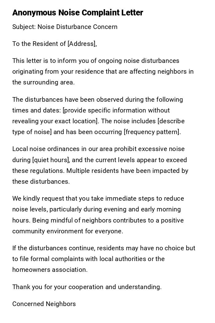 Anonymous Noise Complaint Letter Anonymous Noise Complaint Letter