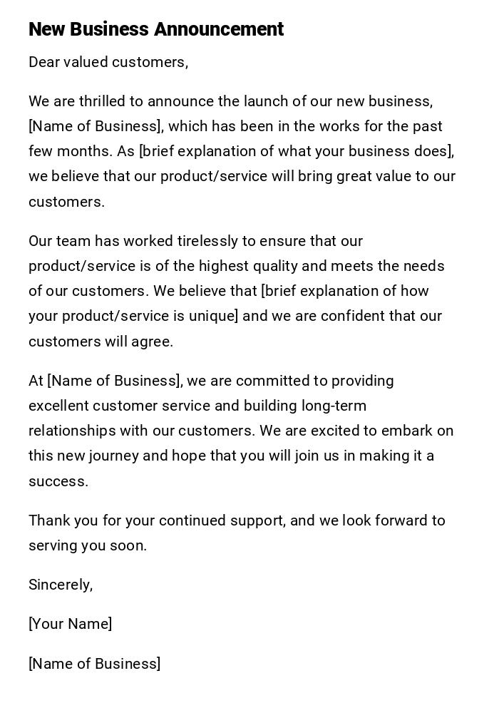 New Business Announcement New Business Announcement