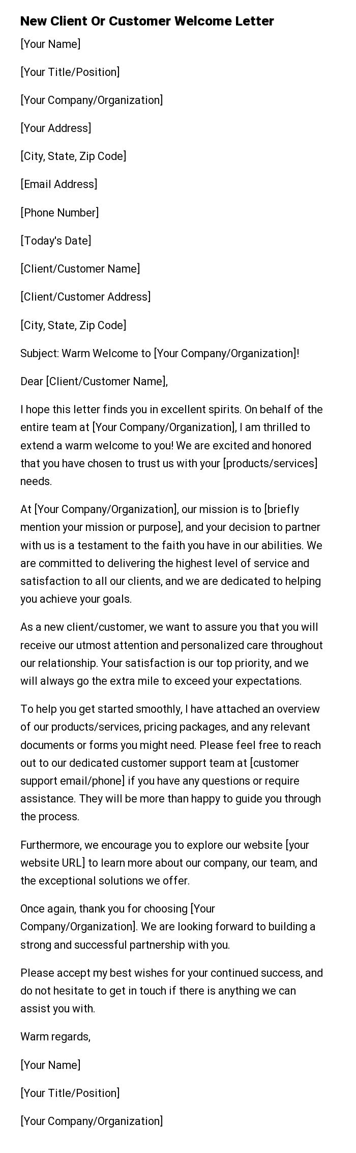 New Client Or Customer Welcome Letter