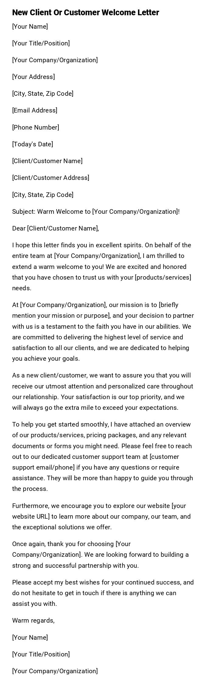 New Client Or Customer Welcome Letter