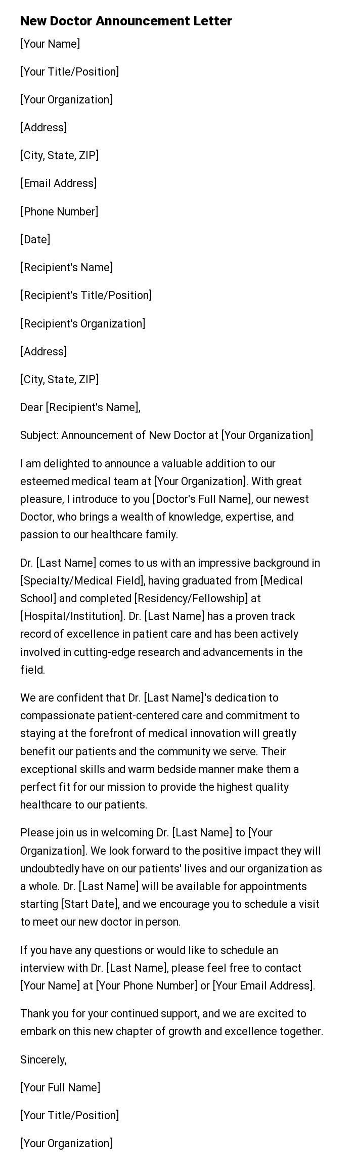 New Doctor Announcement Letter