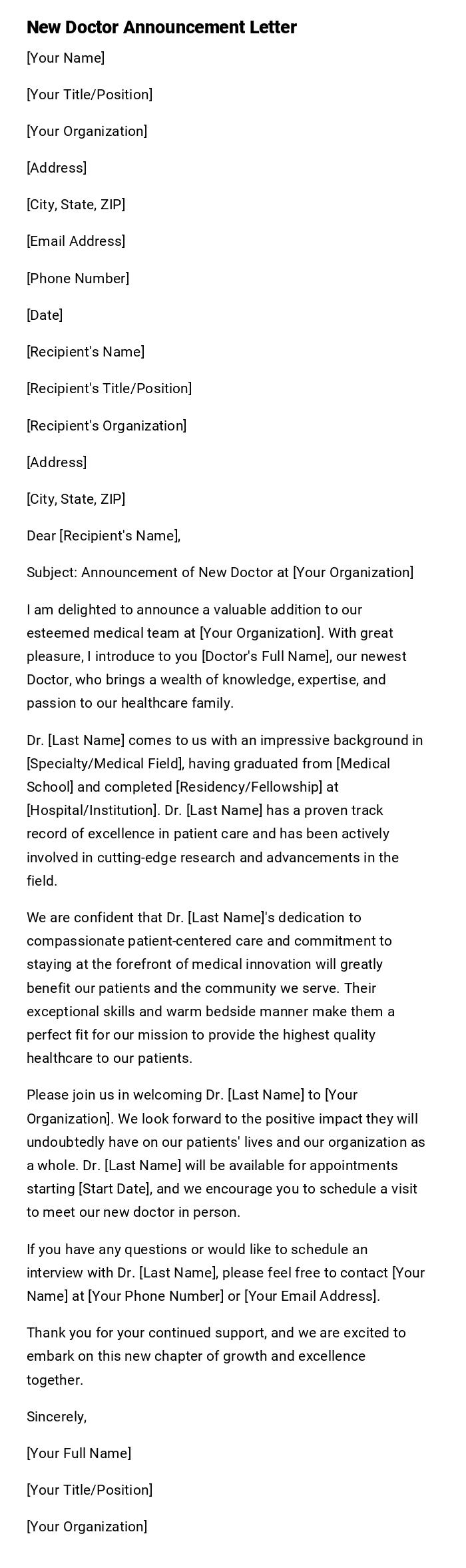 New Doctor Announcement Letter