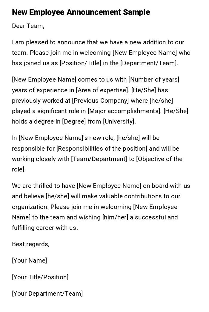 New Employee Announcement Sample