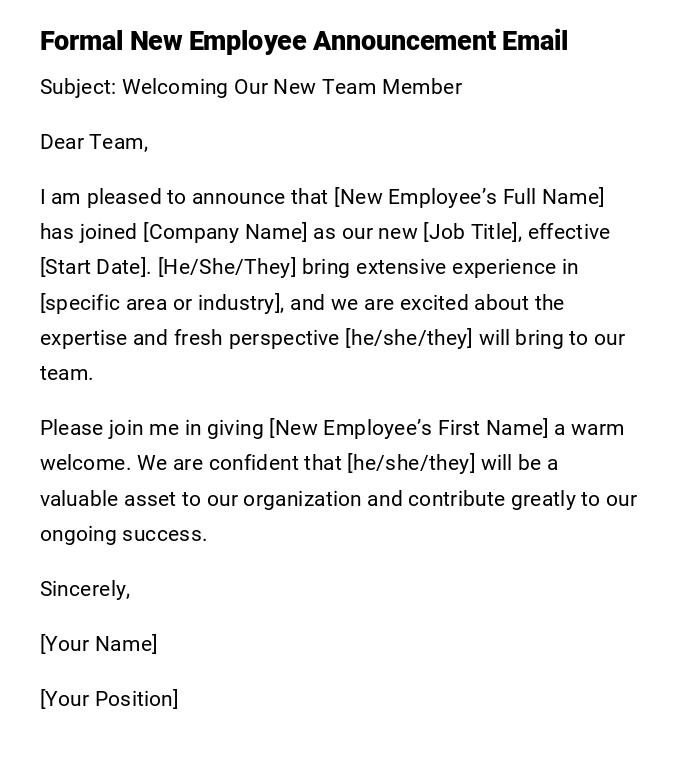 Formal New Employee Announcement Email Formal New Employee Announcement Email