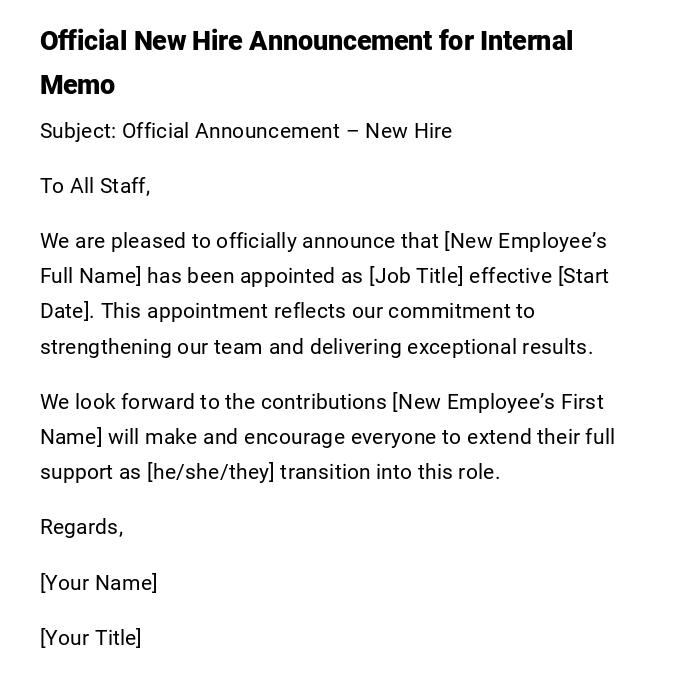 Official New Hire Announcement for Internal Memo Official New Hire Announcement for Internal Memo