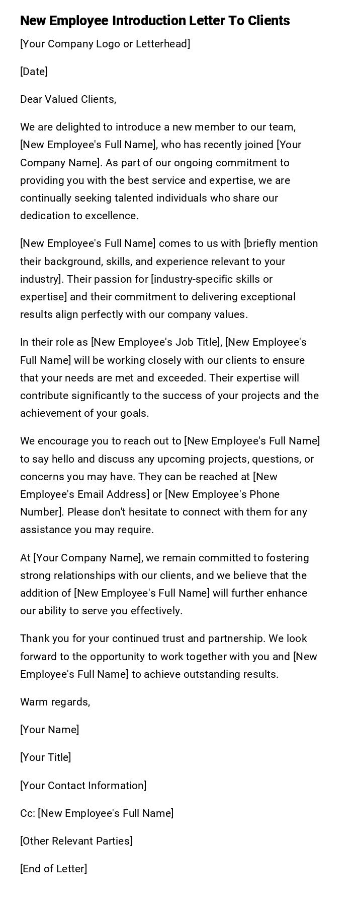 New Employee Introduction Letter To Clients