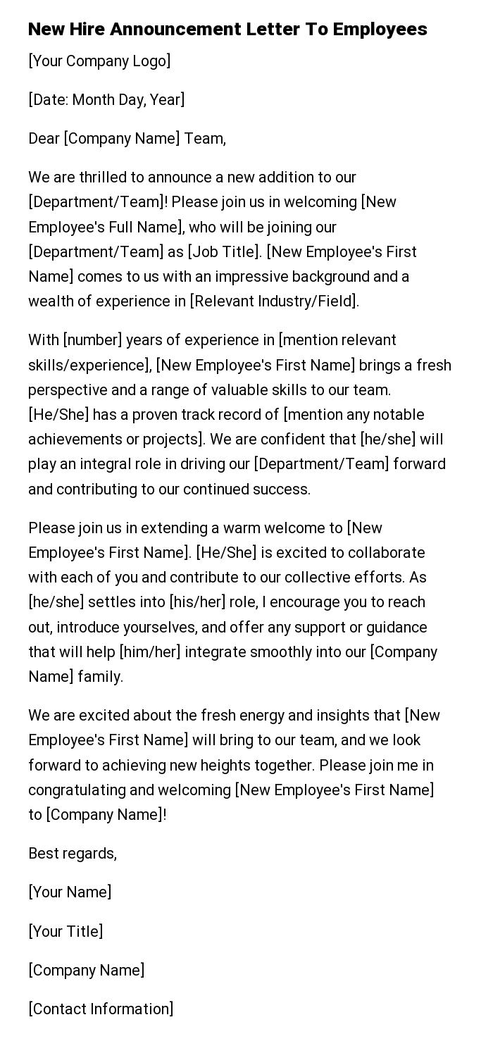 New Hire Announcement Letter To Employees