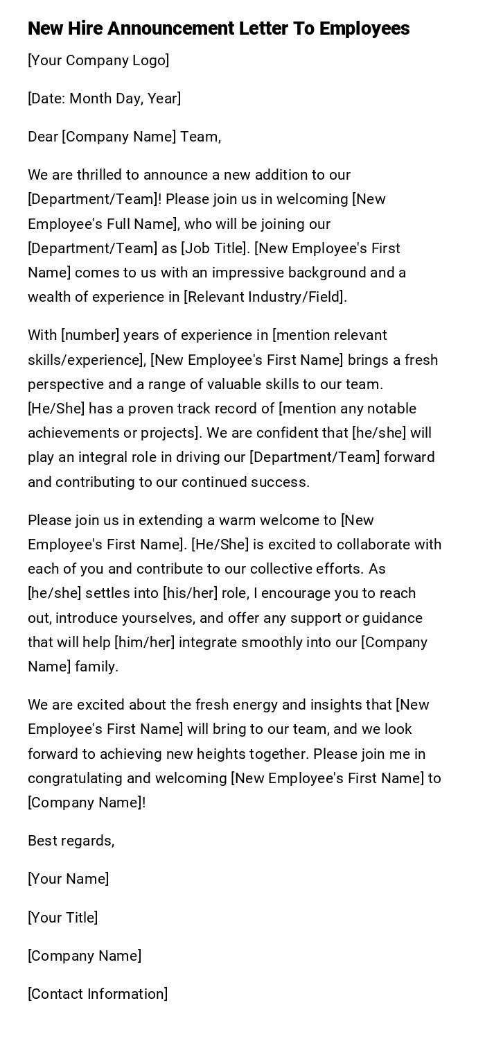 New Hire Announcement Letter To Employees