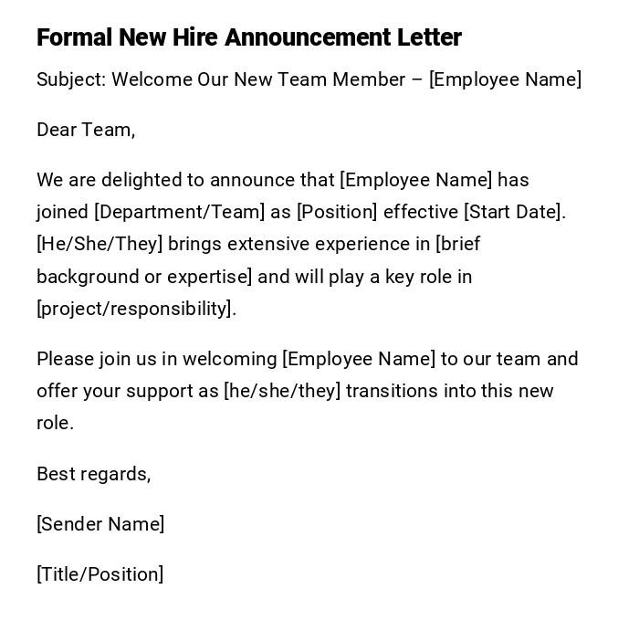 Formal New Hire Announcement Letter Formal New Hire Announcement Letter