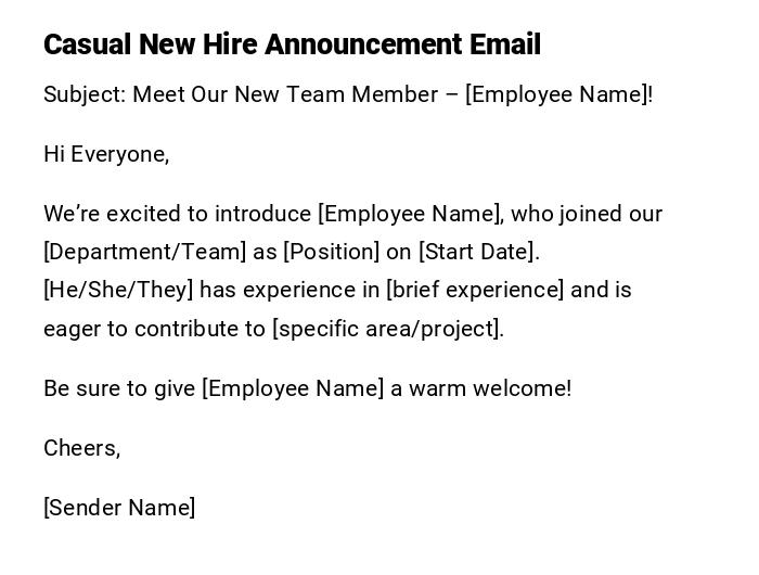 Casual New Hire Announcement Email Casual New Hire Announcement Email