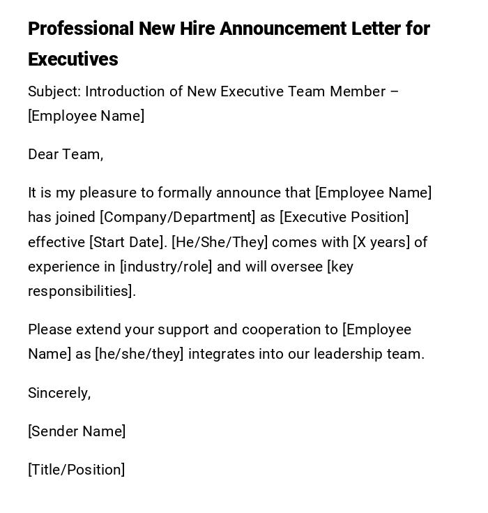 Professional New Hire Announcement Letter for Executives Professional New Hire Announcement Letter for Executives