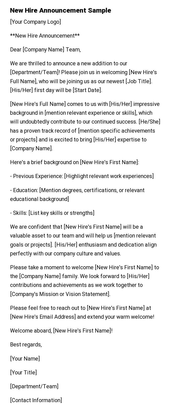 New Hire Announcement Sample