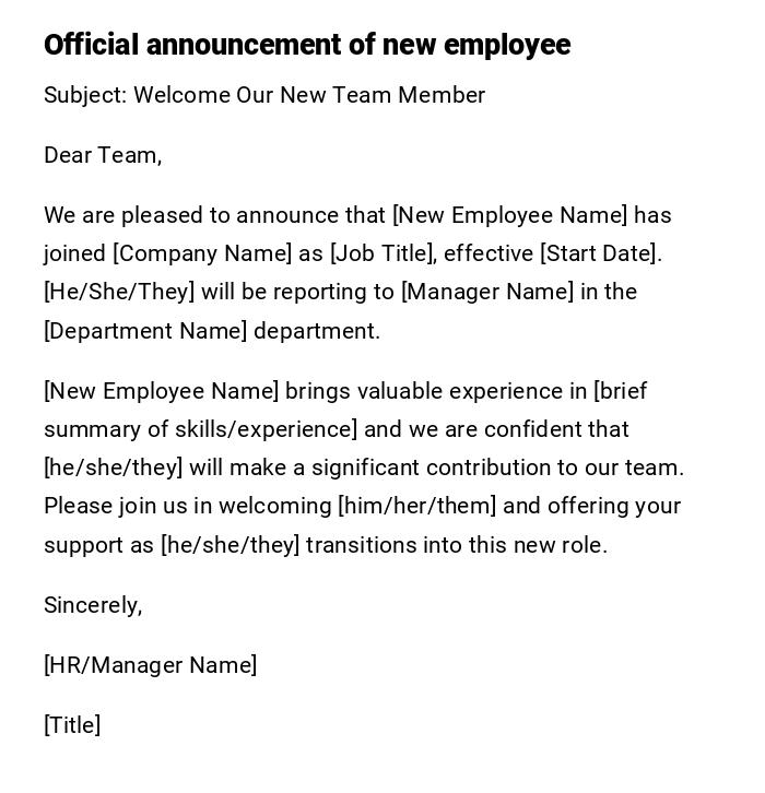 Official announcement of new employee Official announcement of new employee