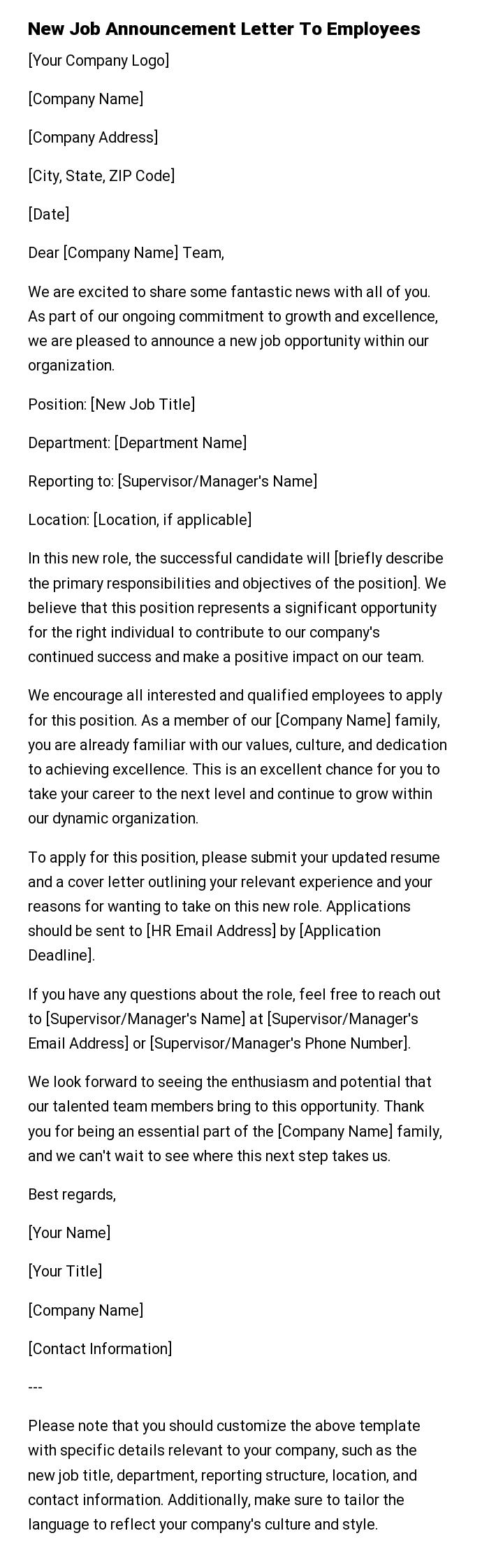 New Job Announcement Letter To Employees