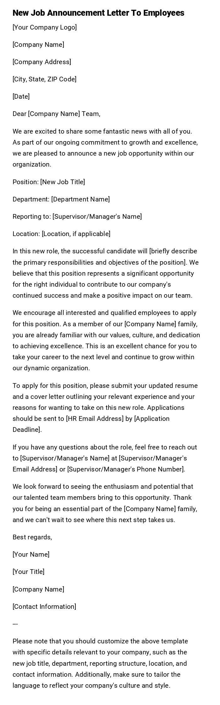 New Job Announcement Letter To Employees