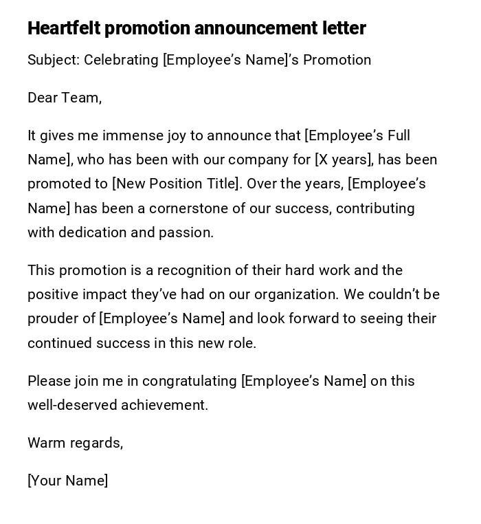 Heartfelt promotion announcement letter Heartfelt promotion announcement letter