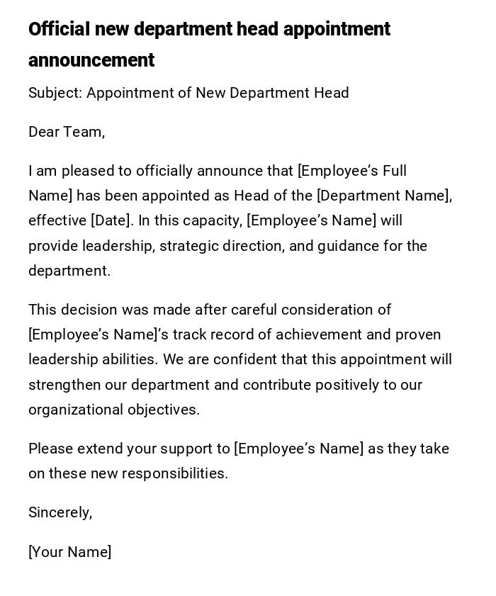 Official new department head appointment announcement Official new department head appointment announcement