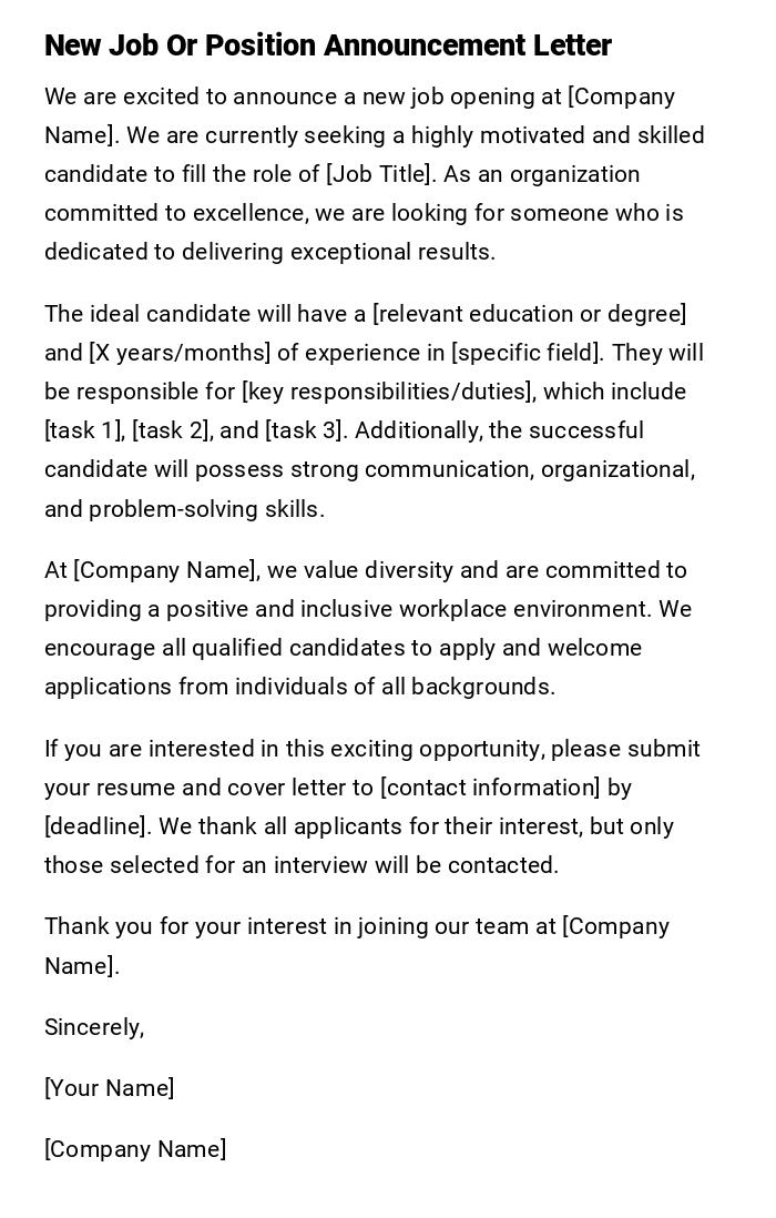 New Job Or Position Announcement Letter