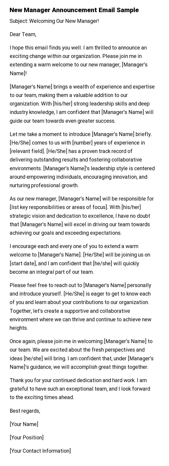 New Manager Announcement Email Sample