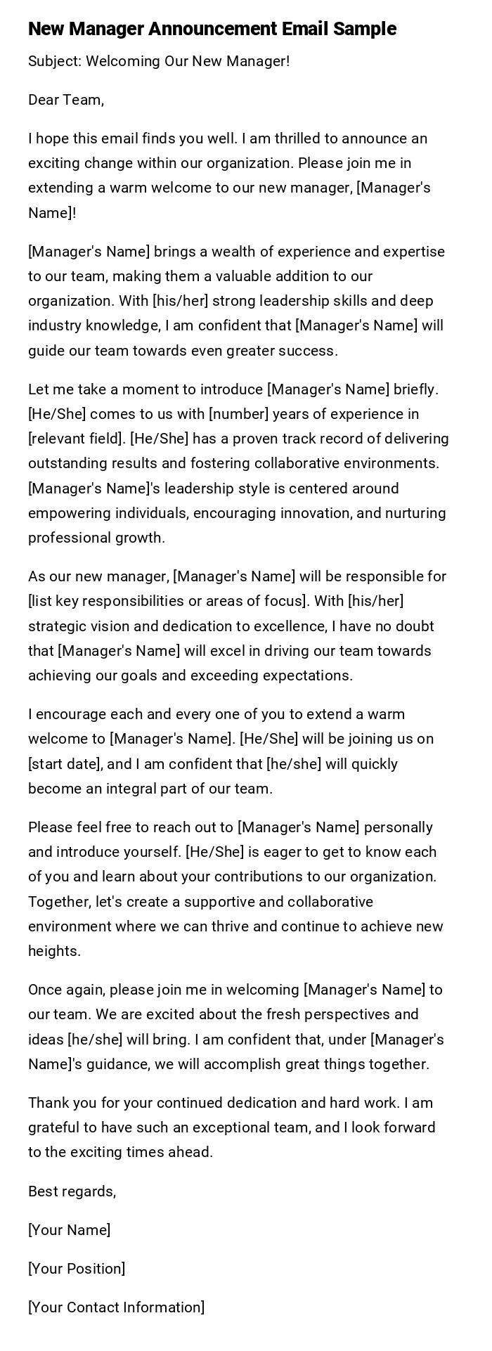 New Manager Announcement Email Sample