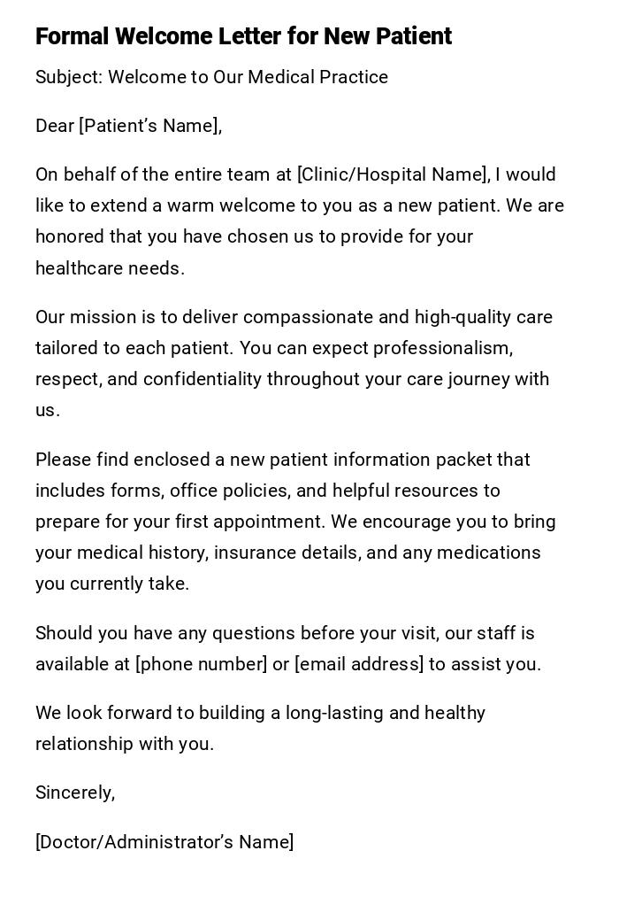 Formal Welcome Letter for New Patient