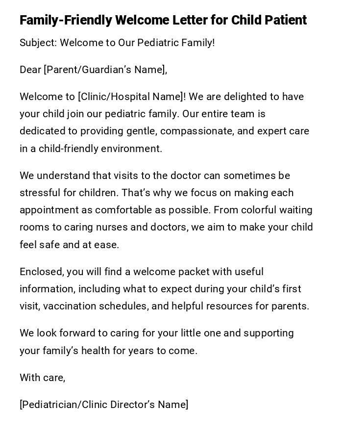 Family-Friendly Welcome Letter for Child Patient