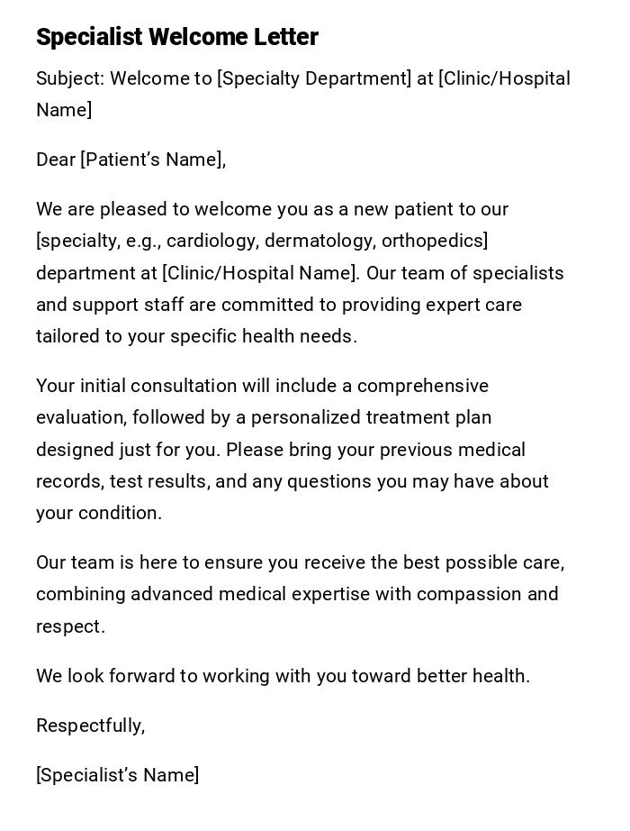 Specialist Welcome Letter