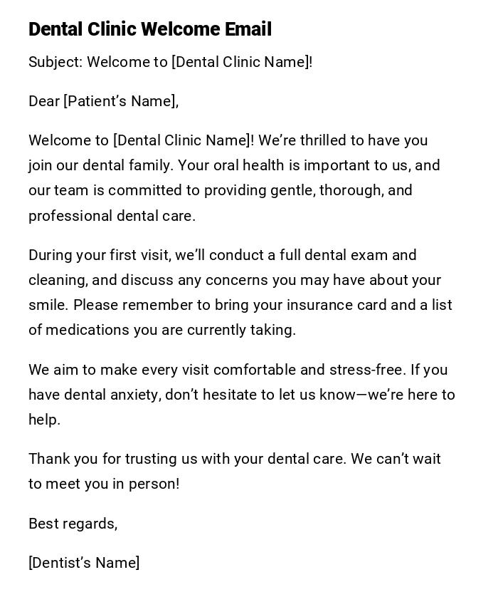 Dental Clinic Welcome Email