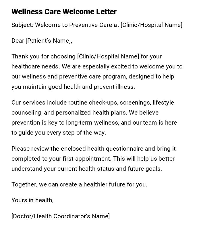 Wellness Care Welcome Letter