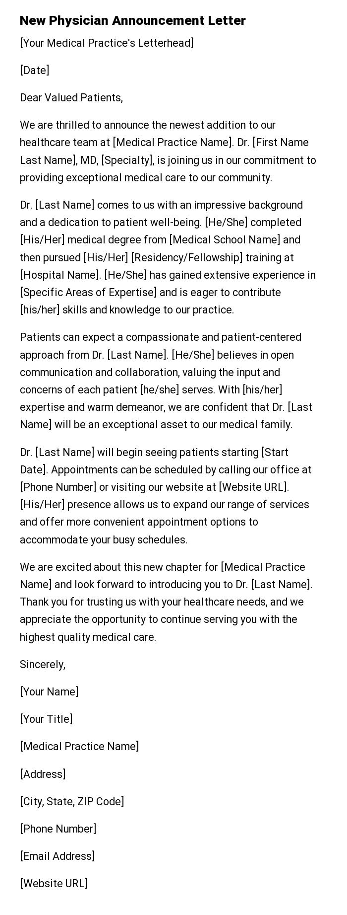 New Physician Announcement Letter